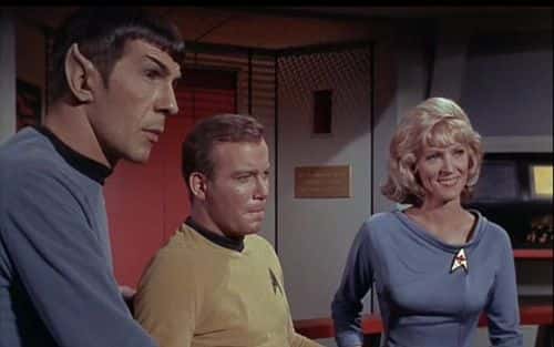 Leonard Nimoy (L), William Shatner (M), and Majel Barrett (R) in Star Trek 1966 (IMDB)