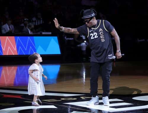 Rapper/actor Coolio and his granddaughter Arya Ivey perform at halftime of a game between the Connecticut Sun and the Las Vegas Aces at Michelob ULTRA Arena on May 31, 2022 in Las Vegas, Nevada. The Aces defeated the Sun 89-81. NOTE TO USER: User expressly acknowledges and agrees that, by downloading and or using this photograph, User is consenting to the terms and conditions of the Getty Images License Agreement.