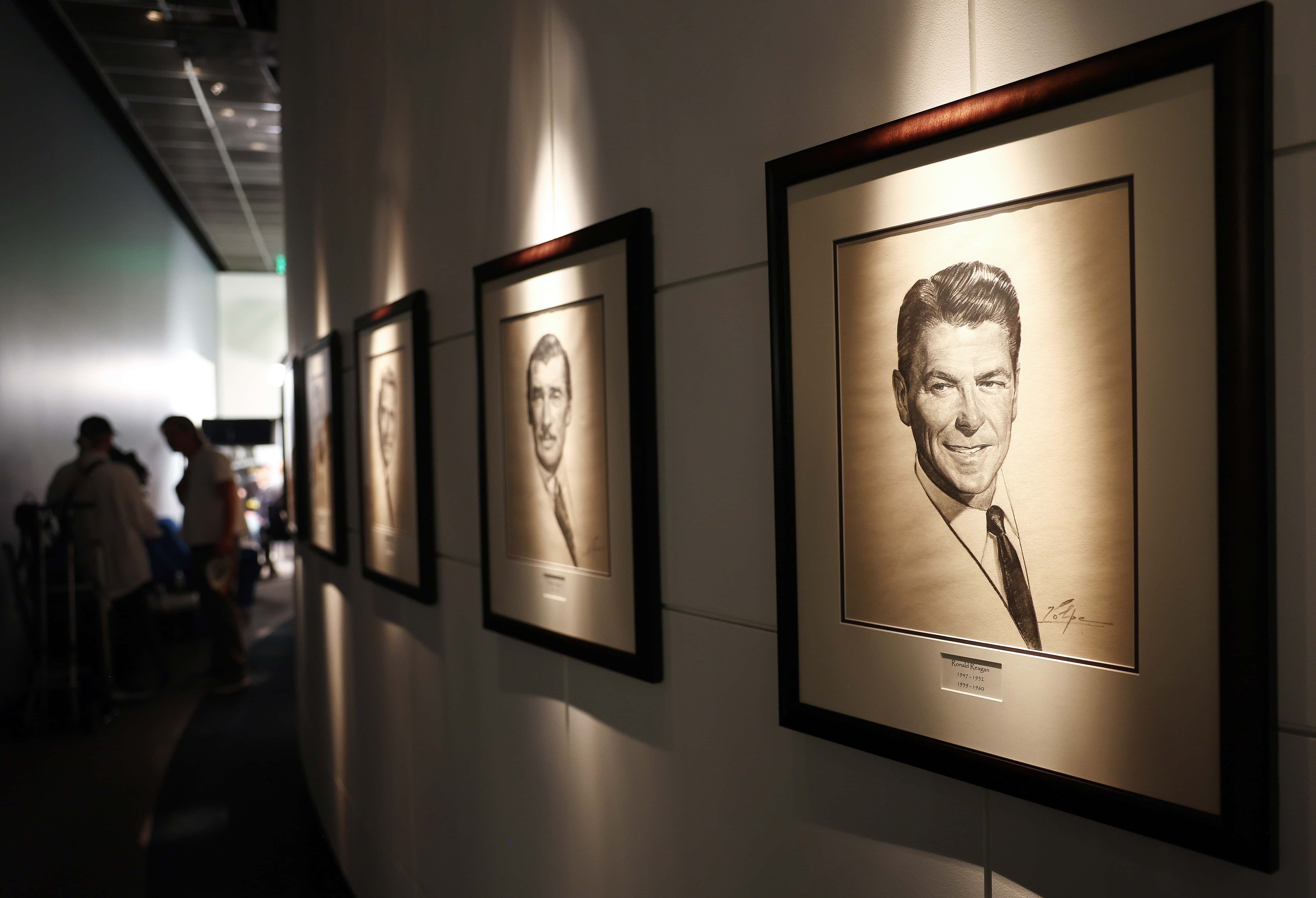 LOS ANGELES, CALIFORNIA - JULY 13: A portrait of former SAG-AFTRA President Ronald Reagan hangs in SAG-AFTRA headquarters after a press conference announcing their strike against Hollywood studios on July 13, 2023 in Los Angeles, California. Members of SAG-AFTRA, Hollywood’s largest union which represents actors and other media professionals, will join striking WGA (Writers Guild of America) workers at midnight in the first joint walkout against the studios since 1960, when Reagan was SAG-AFTRA President. The strike could shut down Hollywood productions completely with writers in the third month of their strike against the Hollywood studios. (Photo by Mario Tama/Getty Images)