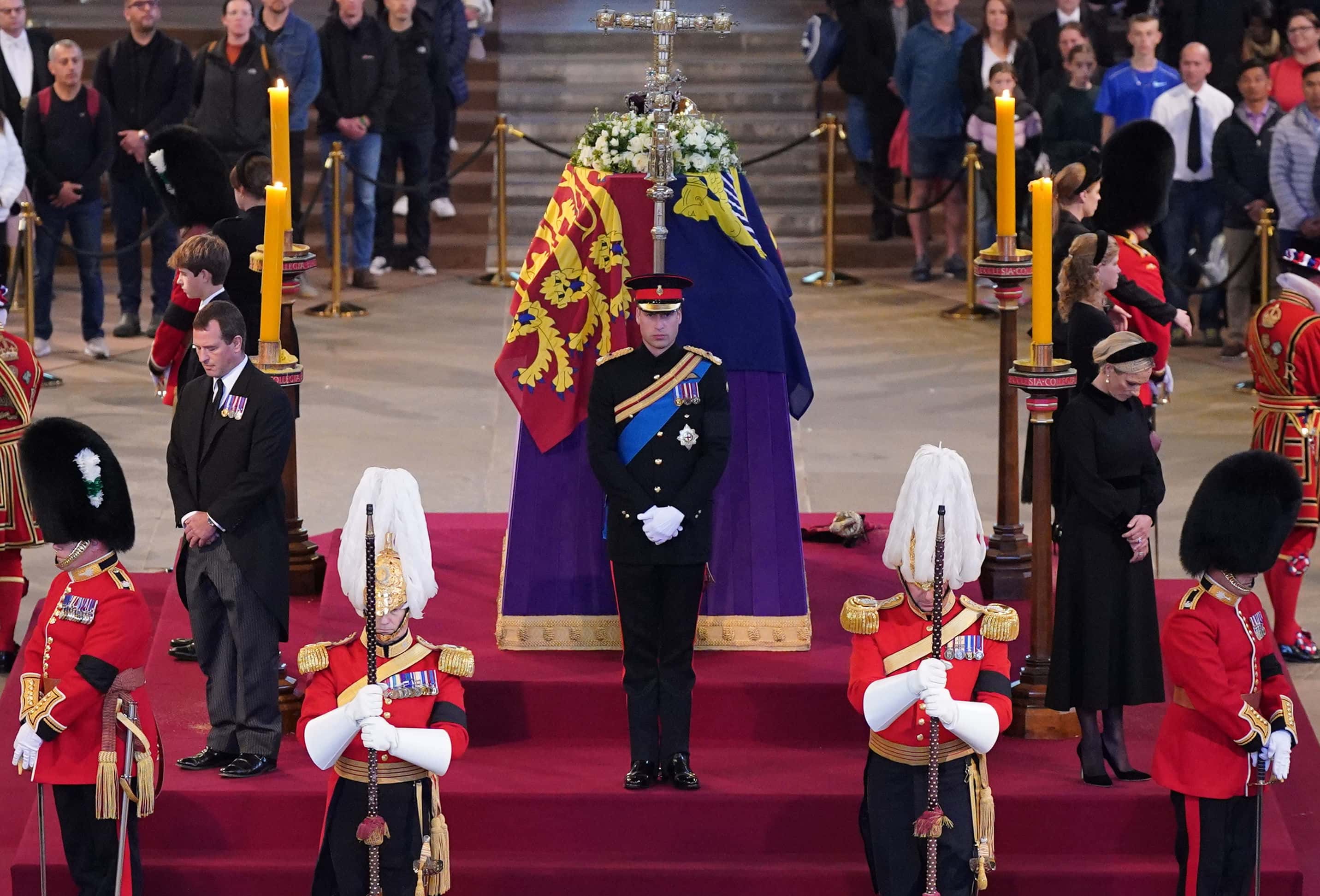 Prince William, Prince of Wales, Prince Harry, Duke of Sussex, Princess Eugenie of York, Princess Beatrice of York, Peter Phillips, Zara Tindall, Lady Louise Windsor, James, Viscount Severn arrive to hold a vigil in honour of Queen Elizabeth II at Westminster Hall on September 17, 2022 in London, England. Queen Elizabeth II's grandchildren mount a family vigil over her coffin lying in state in Westminster Hall. Queen Elizabeth II died at Balmoral Castle in Scotland on September 8, 2022, and is succeeded by her eldest son, King Charles III.