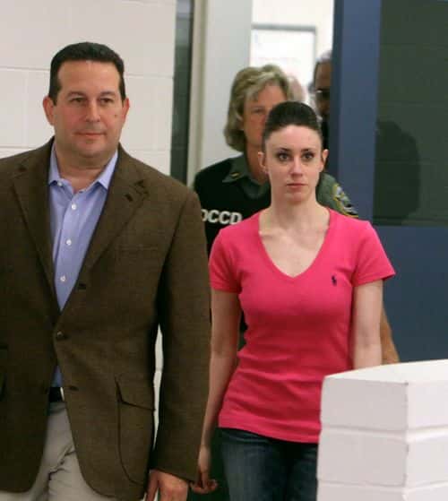 Casey Anthony (R) leaves with her attorney Jose Baez from the Booking and Release Center at the Orange County Jail after she was acquitted of murdering her daughter Caylee Anthony on July 17, 2011 in Orlando, Florida. It was unknown where Casey Anthony was going after the release.