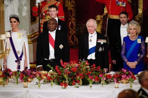 (Left to right) Catherine, Princess of Wales, President Cyril Ramaphosa of South Africa, King Charles III and Camilla, Queen Consort during the State Banquet at Buckingham Palace during the State Visit to the UK by President Cyril Ramaphosa of South Africa on November 22, 2022 in London, England. This is the first state visit hosted by the UK with King Charles III as monarch, and the first state visit here by a South African leader since 2010.
