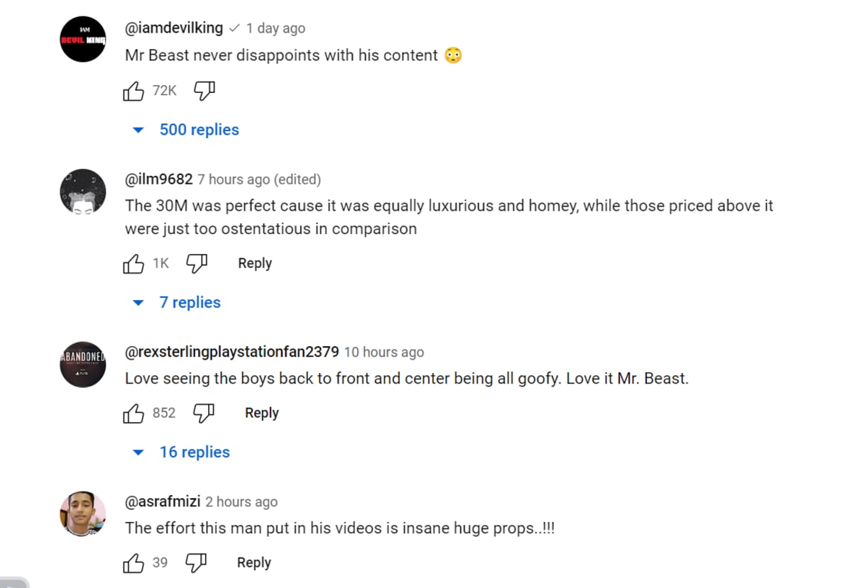 Few of the comments on MrBeast's video (@mrbeast/Youtube)