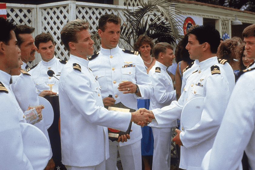 Tom Cruise, Val Kilmer, Tom Skerritt, Rick Rossovich, and Adrian Pasdar in Top Gun (1986) (Paramount Pictures)