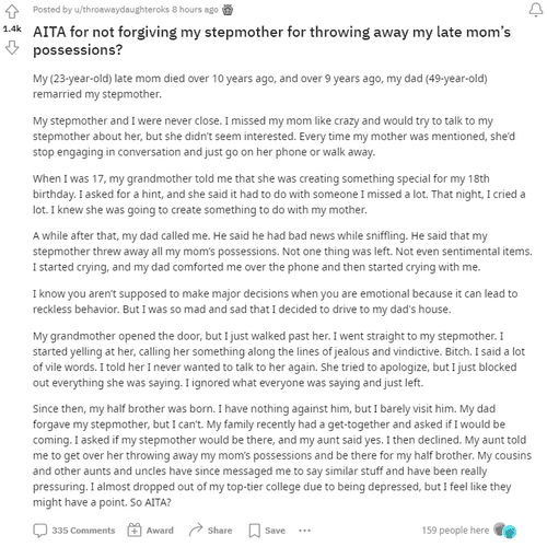 The female user discussed her circumstance on the Reddit AITA discussion forum&nbsp;(Reddit)