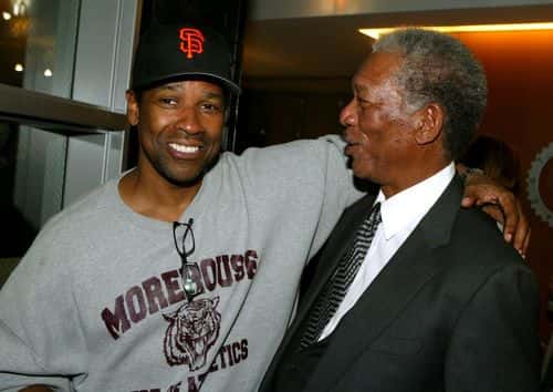 Actors Denzel Washington and Morgan Freeman are seen at the Revalations Studios Party on January 18, 2005 in Santa Monica, California.
