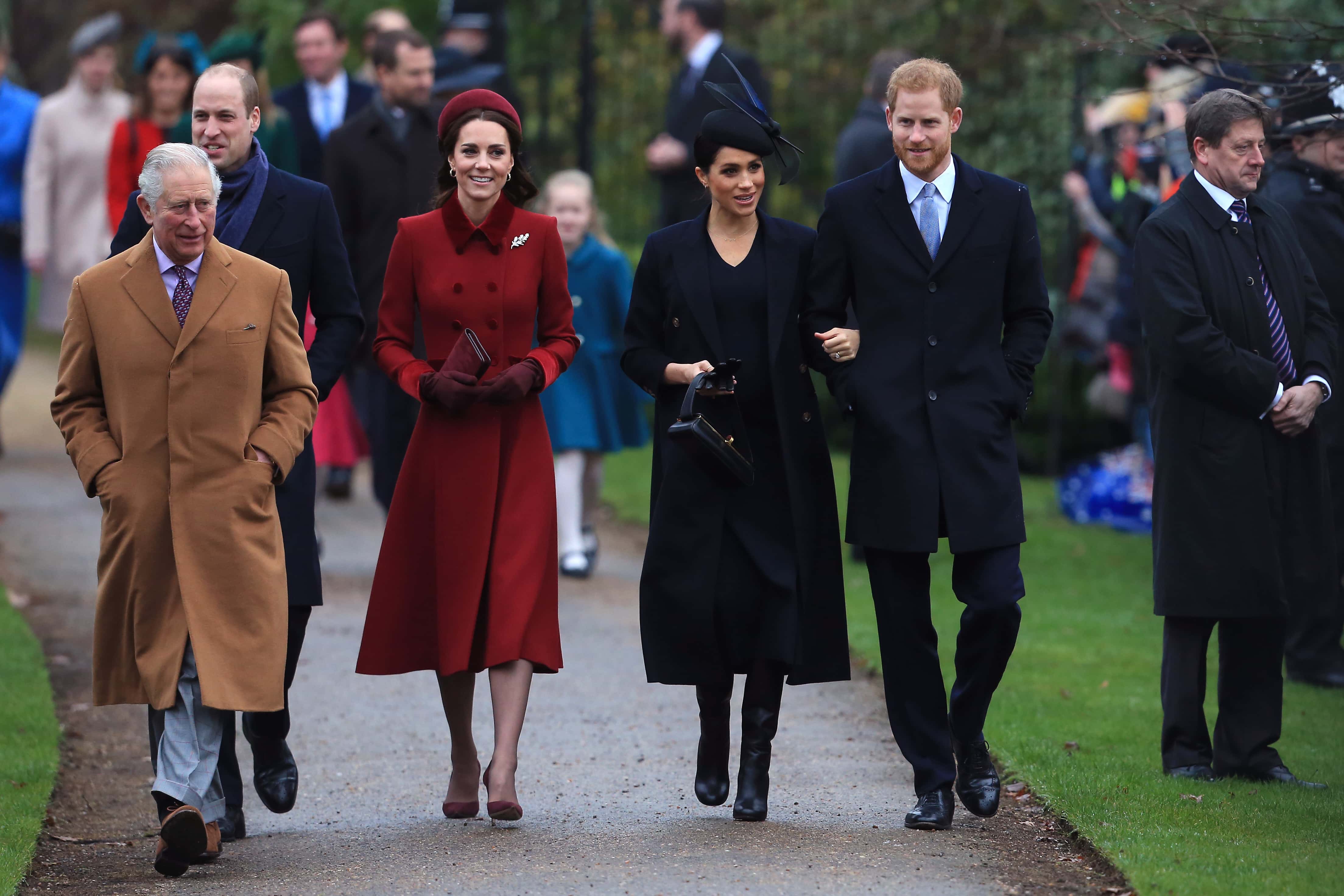 (L-R) Prince Charles, Prince of Wales, Prince William, Duke of Cambridge, Catherine, Duchess of Cambridge, Meghan, Duchess of Sussex and Prince Harry, Duke of Sussex arrive to attend Christmas Day Church service at Church of St Mary Magdalene on the Sandringham estate on December 25, 2018 in King's Lynn, England.