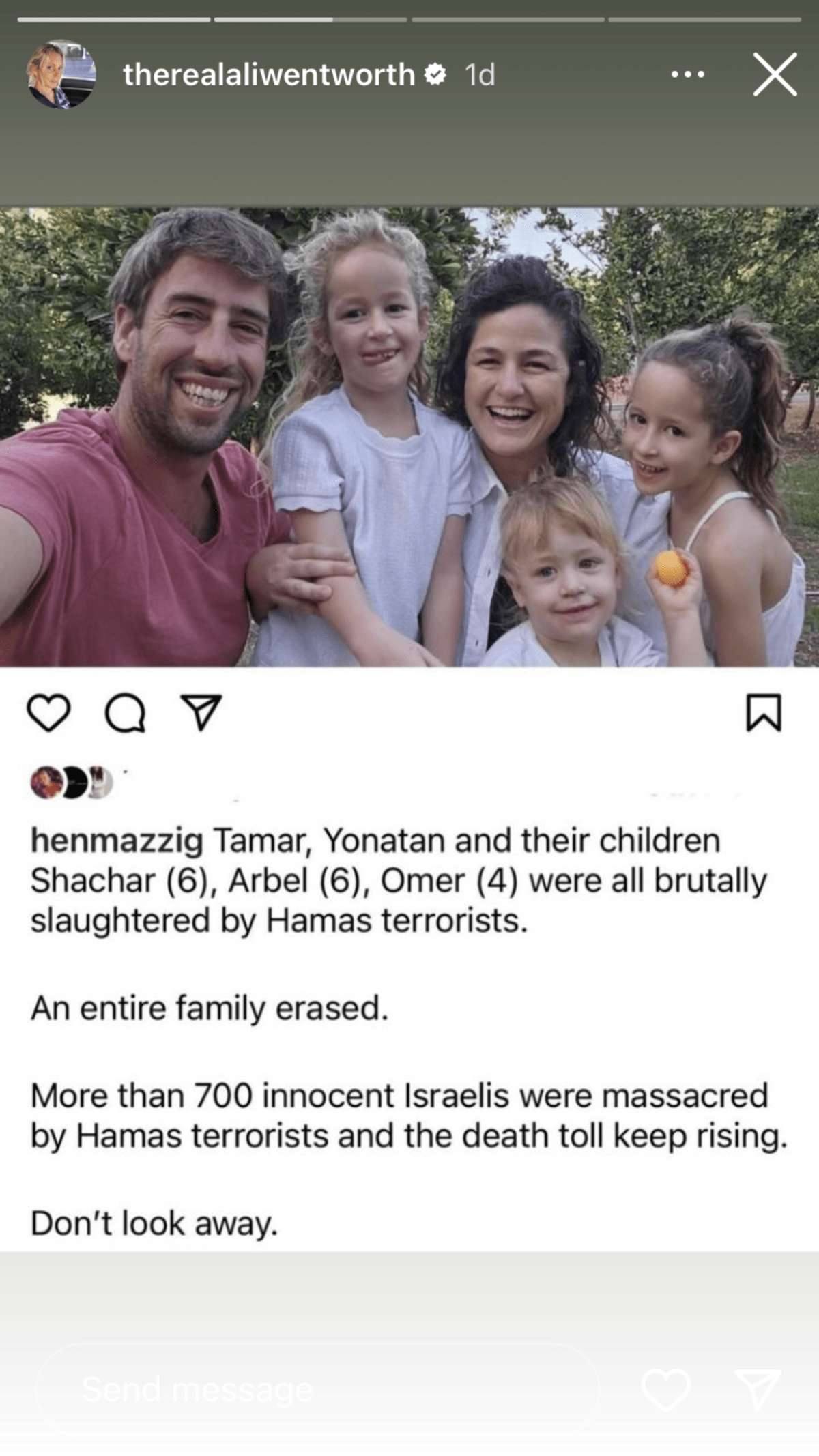 Ali Wentowth also shared a snap of an Israeli famlily murdered by Hamas (@therealaliwentworth/Instagram)