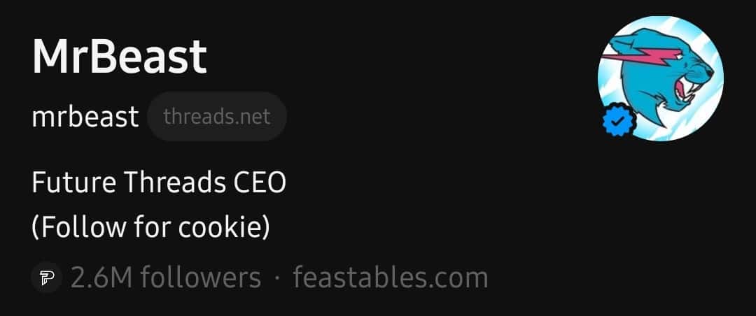 MrBeast stands at 2.6 million followers on Threads (@mrbeast/Threads)