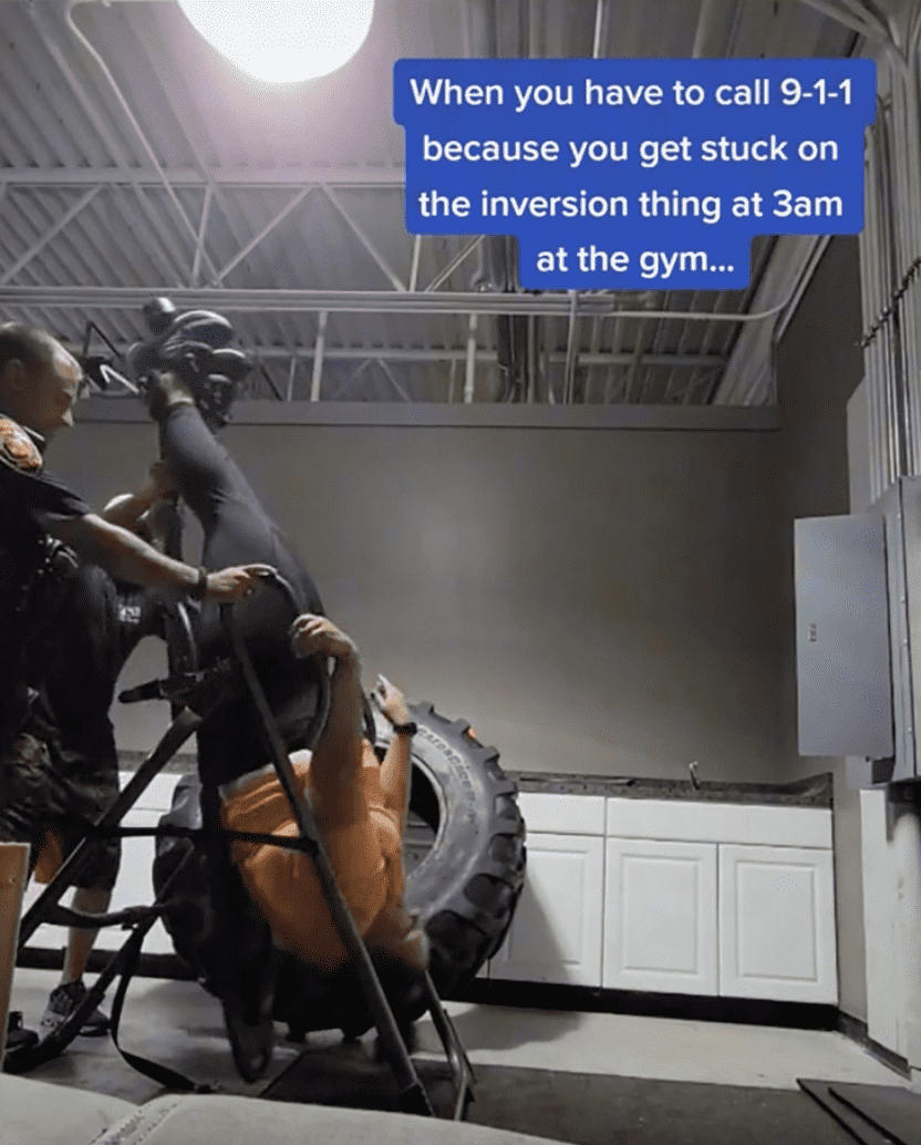 Christine Faulds is freed from the inversion table after 911 shows up whom she called using her smart watch. (TikTok/@cfaulds20)