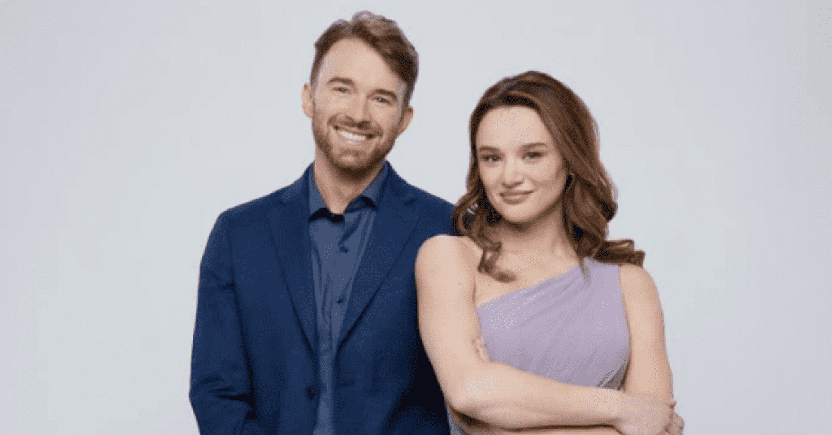 Hunter King and Chandler Massey in 'The Professional Bridesmaid' (2023) (Hallmark)