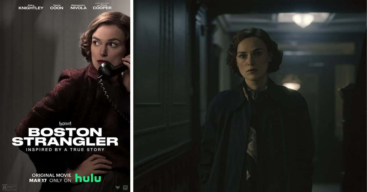 The official poster of Hulu's 'Boston Strangler' and Keira Knightley as Loretta McLaughlin in Hulu's 'Boston Strangler' (IMDb)