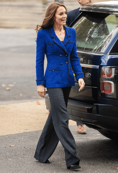 The Princess of Wales rocked a royal blue blazer and wide-legged pants (Samir Hussein/ Getty Images)