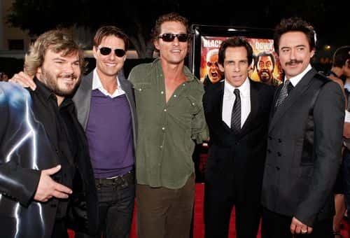 (L-R) Actors Jack Black, Tom Cruise, Matthew McConaughey, Ben Stiller, and Robert Downey Jr. arrive on the red carpet of the Los Angeles Premiere of 