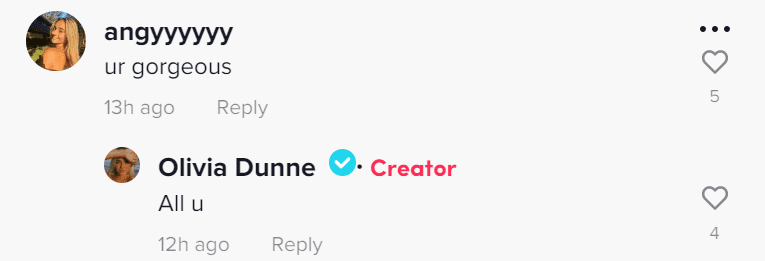 A user angyyyyyy complimented Olivia to which Olivia replied by complimenting the user back (@livvy/TikTok)