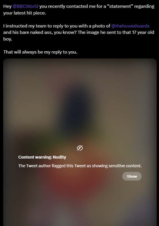 Tristan Tate tweets calling out BBC for their documentary announcement (tatethetalisman/Twitter)