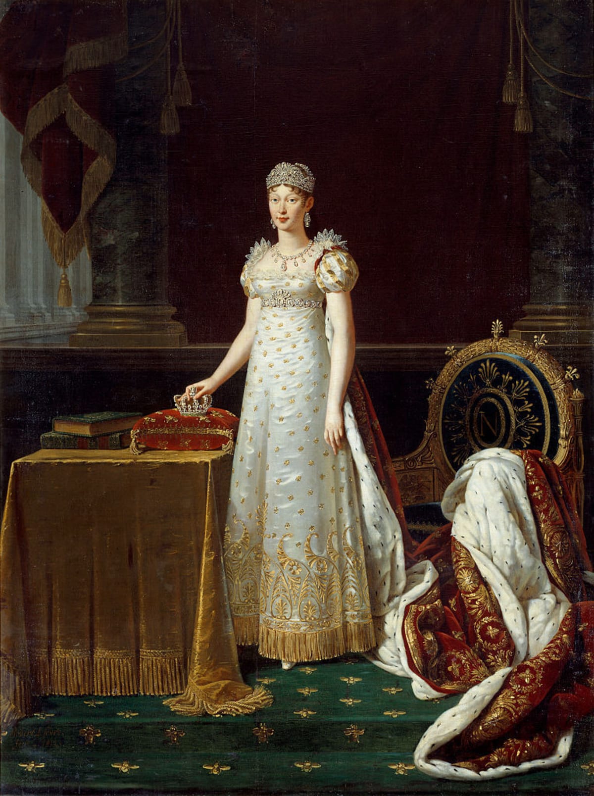 Portrait of the Empress Marie Louise of Austria (Marie- Louise ) (1791-1847), wife of Napoleon I, represented as Regente of the Empire and wearing a set of Chaumet's diamonds offered by Napoleon in 1812 - Behind her, a chair in the Empire style decorated with the 