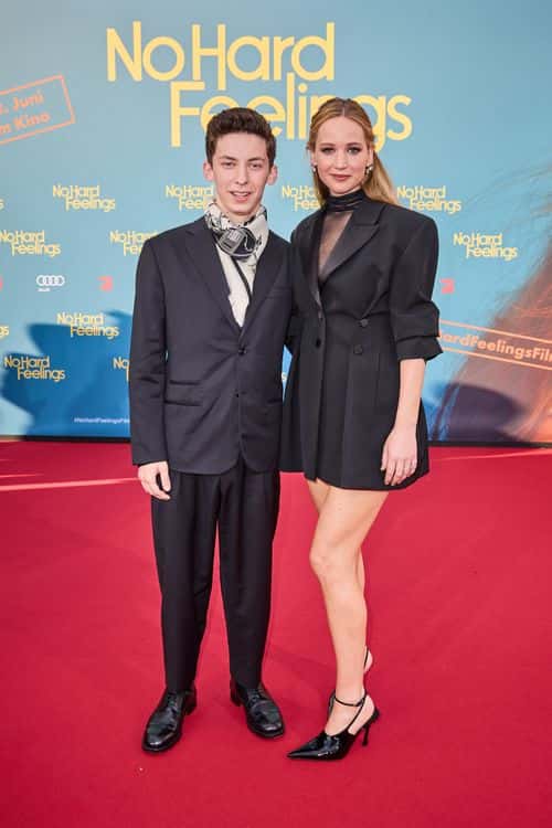 (L-R) Andrew Barth Feldman and Jennifer Lawrence attend the Berlin Premiere of Sony Pictures' 