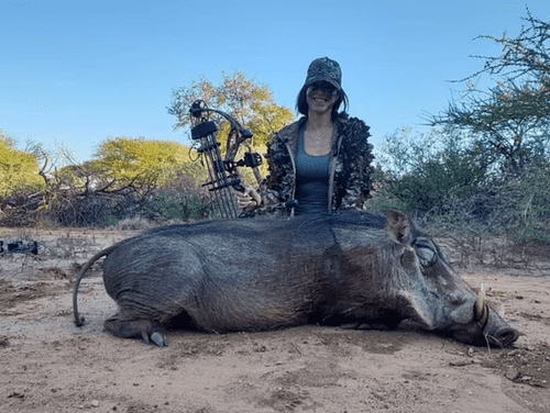 After practicing for a full year, Crick took her bow and arrow and chose warthog to be her first hunt. (mediadrumworld.com/@bowhuntingca)