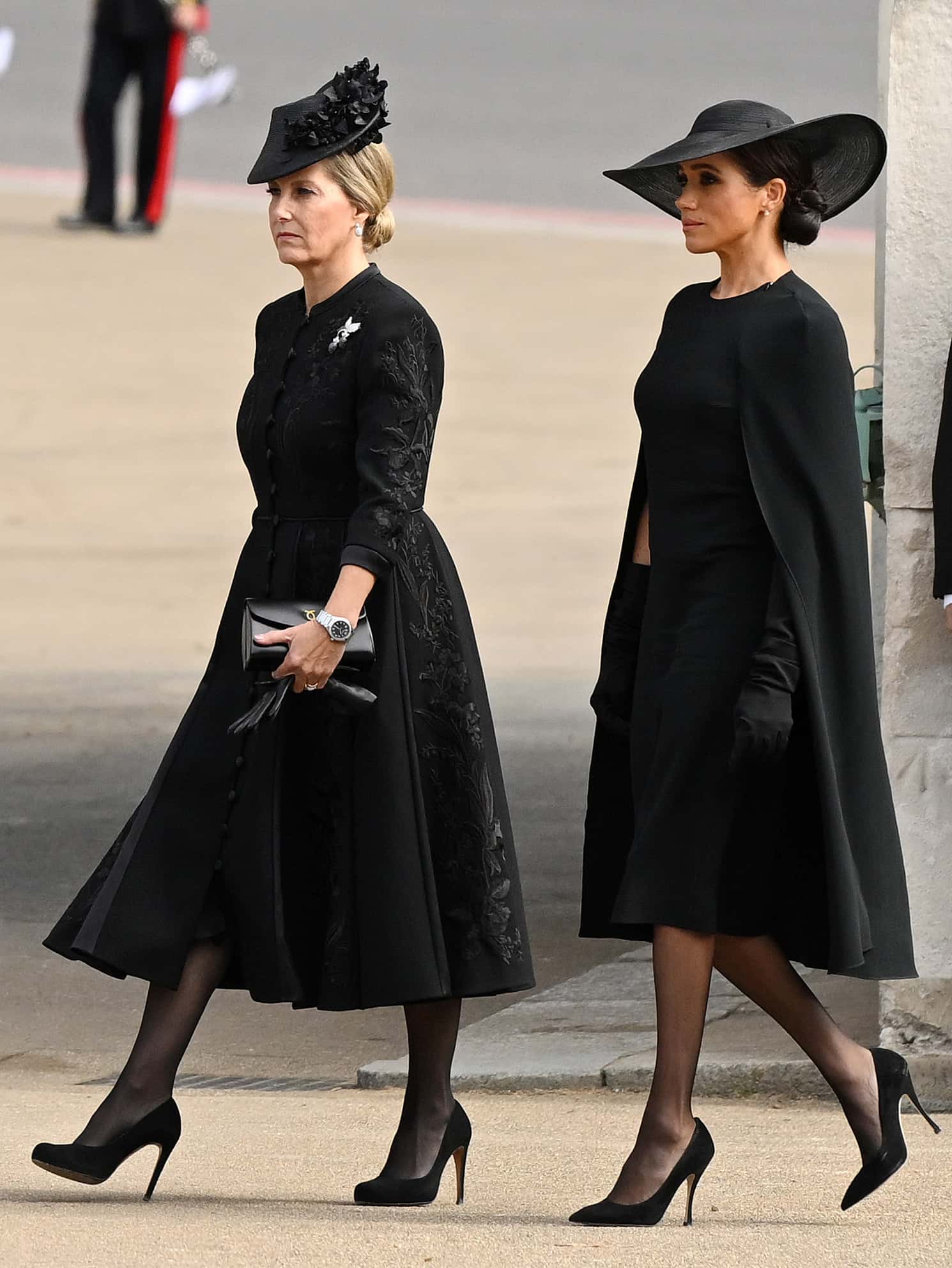 Sophie, Countess of Wessex and Meghan, Duchess of Sussex at Wellington Arch during the State Funeral of Queen Elizabeth on September 19, 2022 in London, England. Elizabeth Alexandra Mary Windsor was born in Bruton Street, Mayfair, London on 21 April 1926. She married Prince Philip in 1947 and ascended the throne of the United Kingdom and Commonwealth on 6 February 1952 after the death of her Father, King George VI. Queen Elizabeth II died at Balmoral Castle in Scotland on September 8, 2022, and is succeeded by her eldest son, King Charles III.