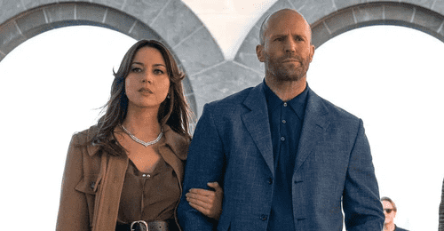 Aubrey Plaza and Jason Statham in 'Operation Future: Ruse de Gruerre' (Lionsgate)