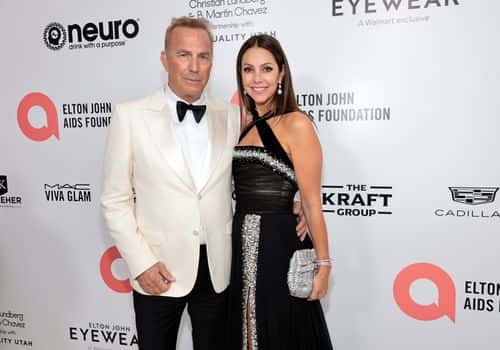 (L-R) Kevin Costner and Christine Baumgartner attend the Elton John AIDS Foundation's 30th Annual Academy Awards Viewing Party on March 27, 2022 in West Hollywood, California.