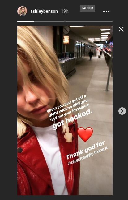 Benson mentioned in her story that her account was hacked (Instagram)