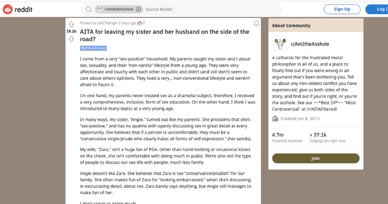 Screenshot from Reddit post (r/AmItheAsshole)