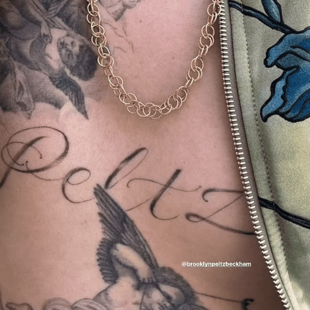 Nichola Peltz shared a picture of her husband Brooklyn's tattoo that reads 'Peltz' (Credit: @nicolaannepeltzbeckham/Twitter)