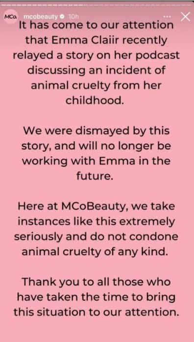 Australian brand MCoBeauty, which had partnered with her in the past, announced that it has decided to drop Claiir as an ambassador. (MCoBeauty/Instagram)