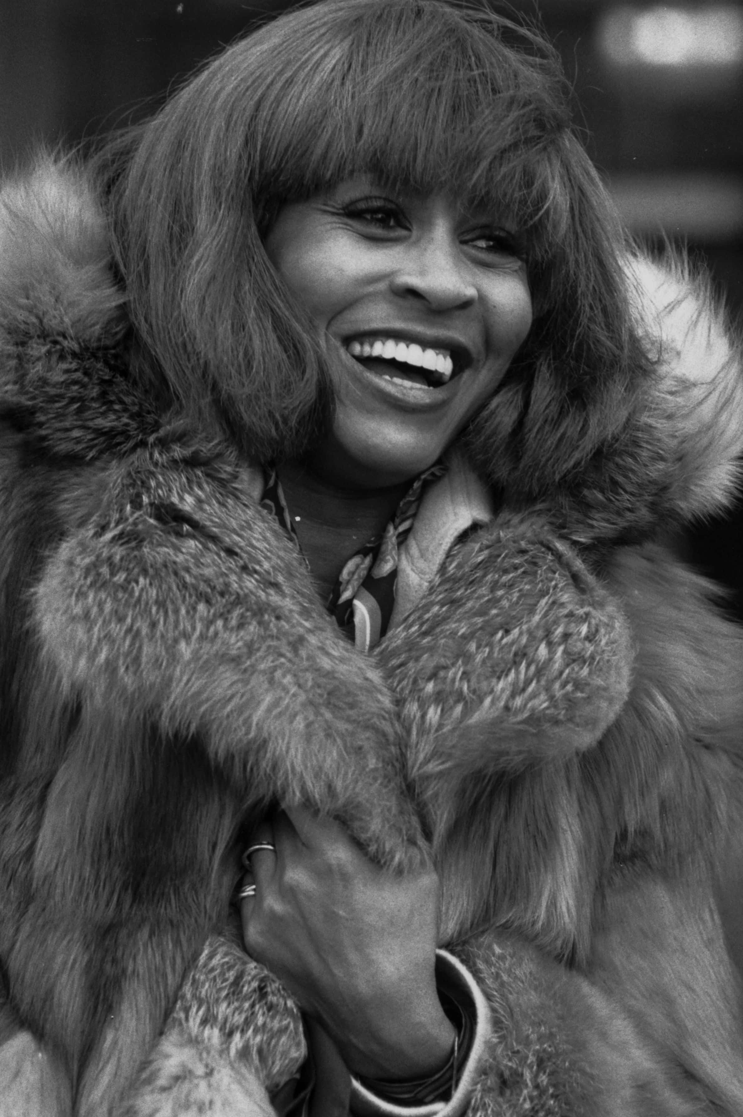10th February 1978: Rock star Tina Turner wrapped in furs as she arrives at Heathrow airport. She is in the UK to give two concerts. (Photo by Frank Tewkesbury/Evening Standard/Getty Images)
