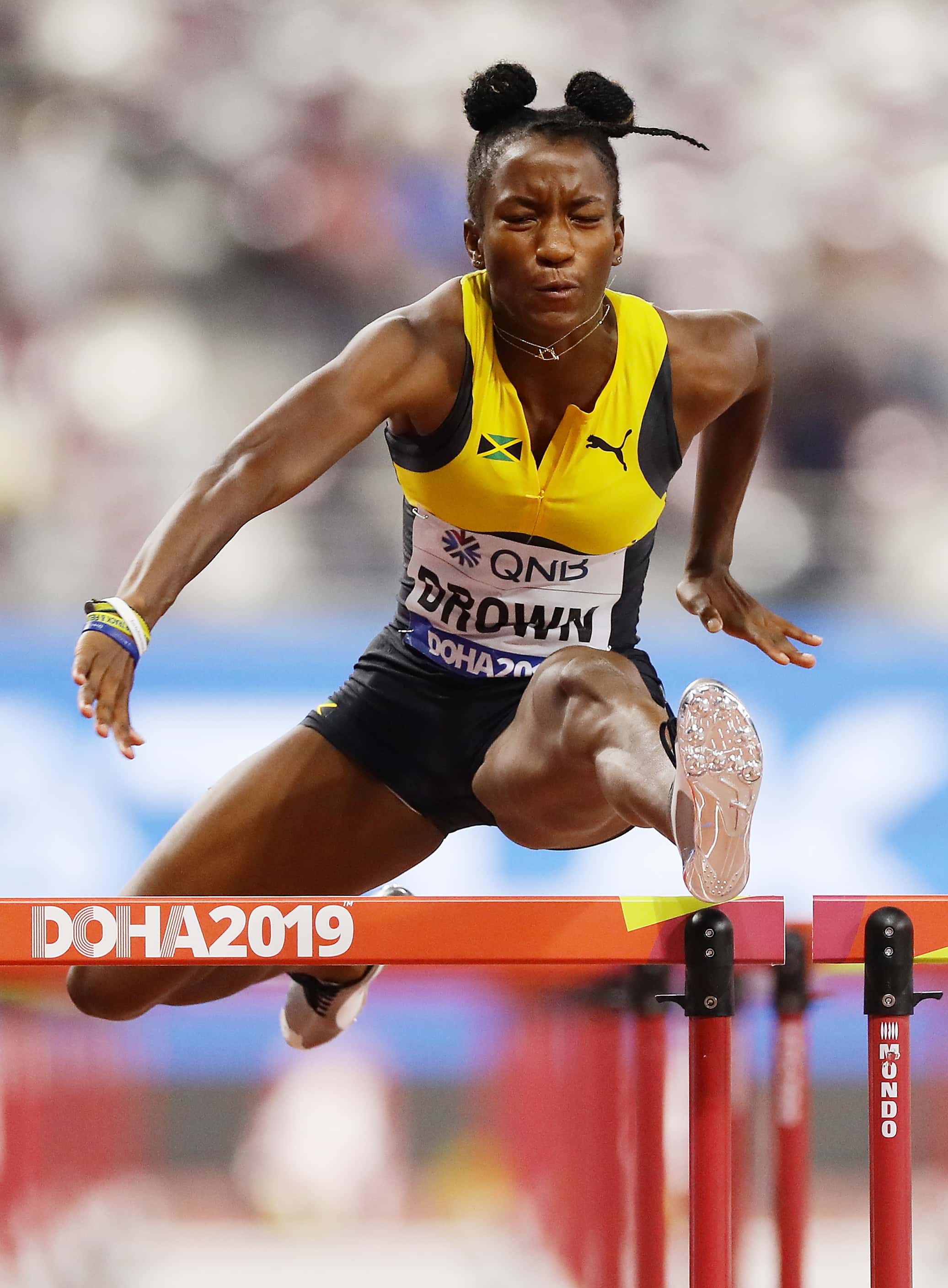 Janeek Brown of Jamaica competes in the Women's 100 Metres Hurdles heats during day nine of the 17th IAAF World Athletics Championships Doha 2019 at Khalifa International Stadium on October 05, 2019, in Doha, Qatar. (Photo by Richard Heathcote/Getty Images)