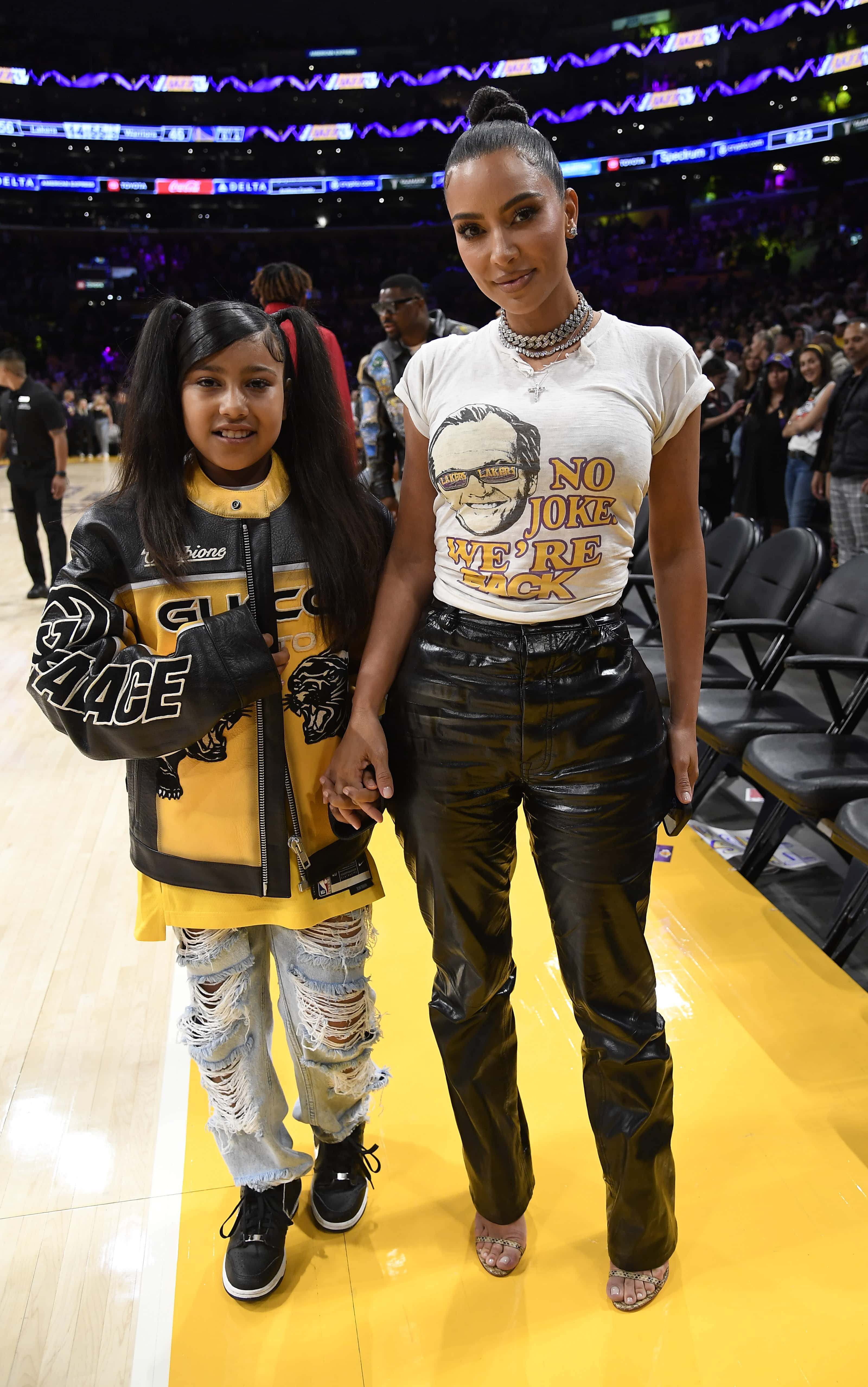 LOS ANGELES, CALIFORNIA - MAY 12: Kim Kardashian and daughter North West attend the Western Conference Semifinal Playoff game between the Los Angeles Lakers and Golden State Warriors at Crypto.com Arena on May 12, 2023, in Los Angeles, California. (Photo by Kevork Djansezian/Getty Images)
