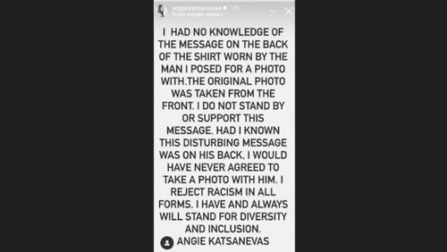 Angie Katsanevas' Instagram story responding to the White lives Matters Shirt fiasco (Instagram/angiekatsanevas)