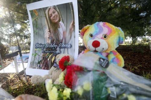 A makeshift memorial dedicated to missing woman Gabby Petito is located near City Hall on September 20, 2021 in North Port, Florida. A body has been found by authorities in Grand Teton National Park in Wyoming that fits the description of Petito, who went missing while on a cross-country trip with her boyfriend Brian Laundrie.