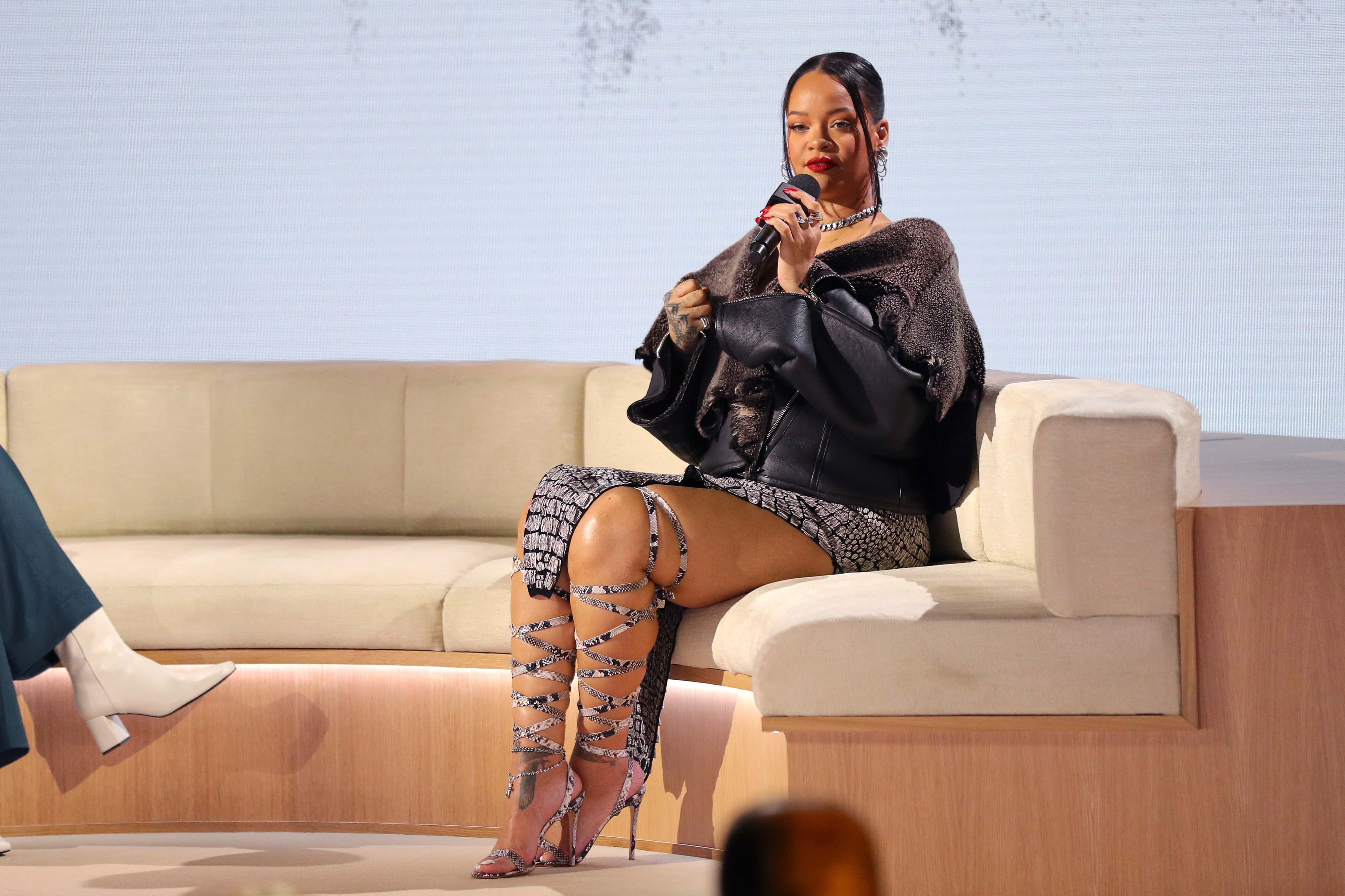 Rihanna speaks during the Super Bowl LVII Pregame & Apple Music Halftime Show press conference at Phoenix Convention Center on February 09, 2023 in Phoenix, Arizona.