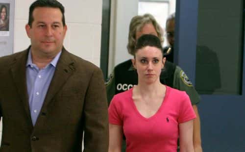 Casey Anthony (R) leaves with her attorney Jose Baez from the Booking and Release Center at the Orange County Jail after she was acquitted of murdering her daughter Caylee Anthony on July 17, 2011 in Orlando, Florida. It was unknown where Casey Anthony was going after the release.