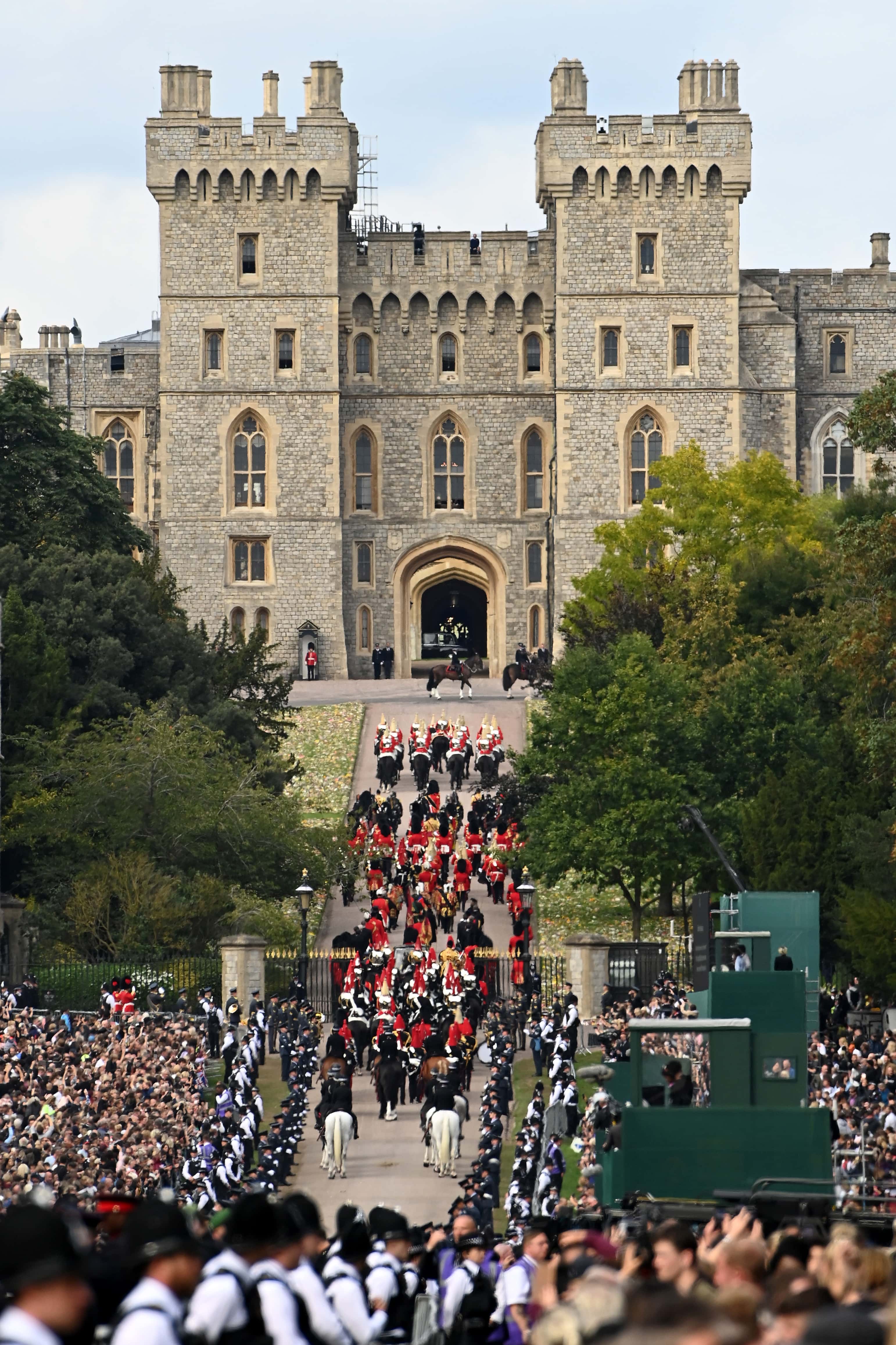 The coffin of Queen Elizabeth II is carried in The state hearse as it proceeds towards Windsor Castle for The Committal Service for Queen Elizabeth II on September 19, 2022 in Windsor, England. The committal service at St George's Chapel, Windsor Castle, took place following the state funeral at Westminster Abbey. A private burial in The King George VI Memorial Chapel followed. Queen Elizabeth II died at Balmoral Castle in Scotland on September 8, 2022, and is succeeded by her eldest son, King Charles III.