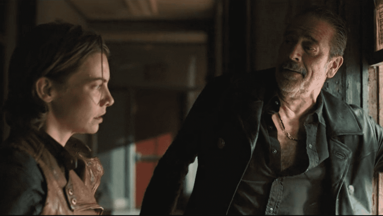 Maggie and Negan seconds mefore zip-lining between two skyscrapers ('Dead City'/AMC)