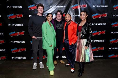 (L-R) Anders Holm, Lilly Singh, Adam F. Goldberg, Tahj Mowry and Saara Chaudry attend The Muppets Mayhem panel during New York Comic Con 2022  on October 09, 2022 in New York City.
