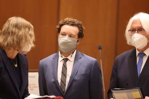 Actor Danny Masterson stands with his lawyers Thomas Mesereau and Sharon Appelbaum as he is arraigned on rape charges at Clara Shortridge Foltz Criminal Justice Center on September 18, 2020 in Los Angeles, California.  Masterson has been charged with forcibly raping three women on separate occasions between 2001 and 2003.