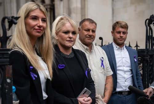 Hollie Dance (C-L) and Paul Battersbee (C-R), the mother and father of Archie Battersbee, speak to the media as they leave the Royal Courts of Justice after winning an appeal for his case to be heard again, on June 29, 2022 in London, England. The Court of Appeal has heard a plea by the family of 12-year-old Archie Battersbee to overturn a previous court ruling that he is dead and his life support system should be removed. His parents Hollie Dance and Paul Battersbee have appealed the ruling, saying his heart is still beating and they want treatment to continue.