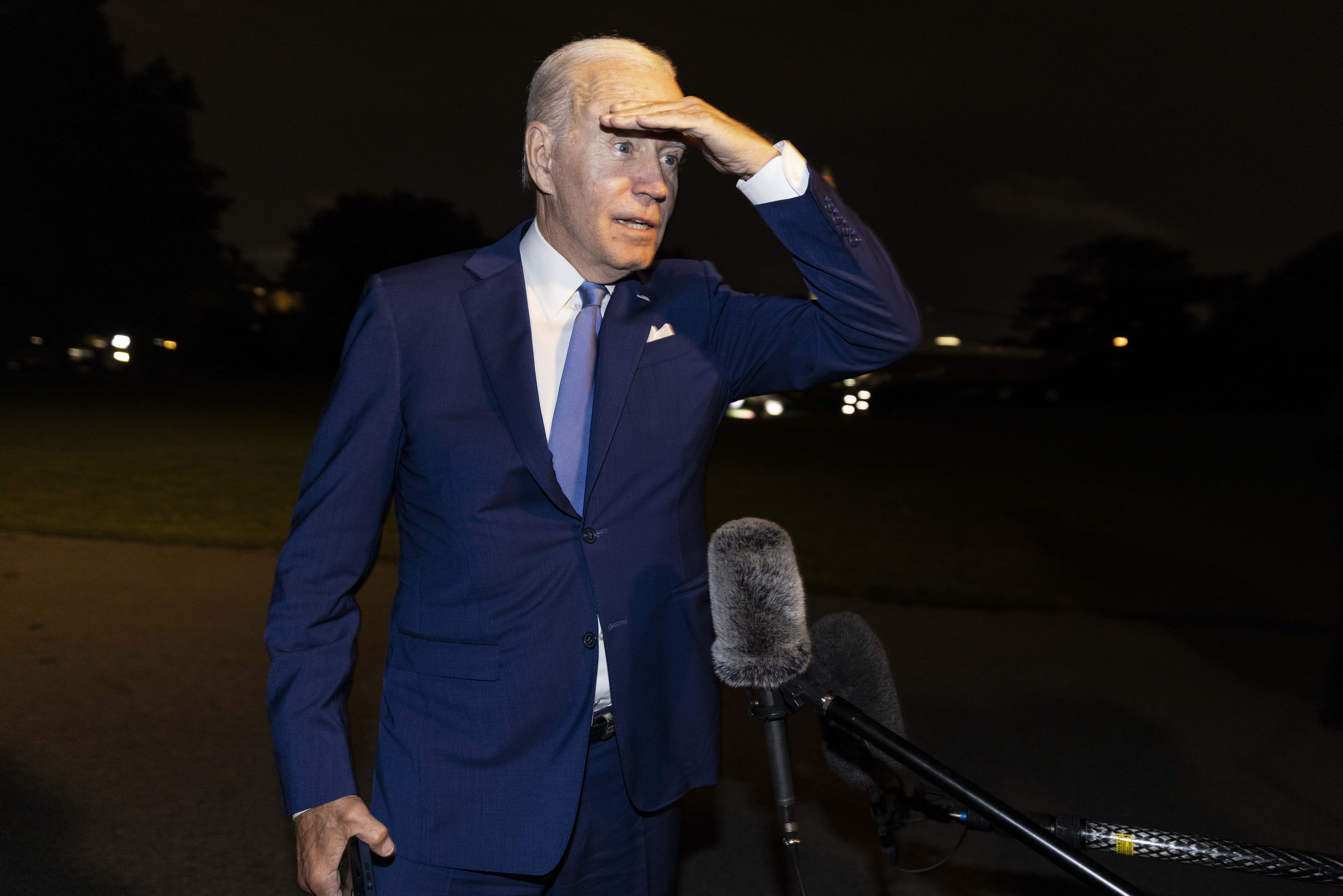 President Joe Biden takes reporters questions on the south lawn of the White House on July 16, 2022 in Washington, DC. President Biden just returned from visiting Jeddah, Saudi Arabia where he met with Crown Prince Mohammed bin Salman, known as MBS, and met with the Israeli leader earlier in the week. (Photo by Tasos Katopodis/Getty Images)