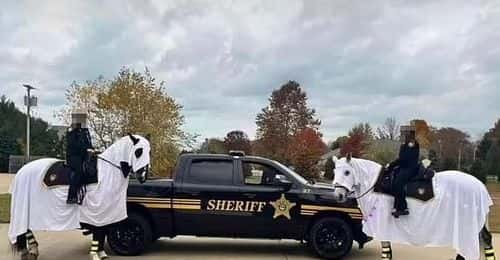 The horses of Ohio Police donned up for Halloween ( Screenshot via DailyMail )