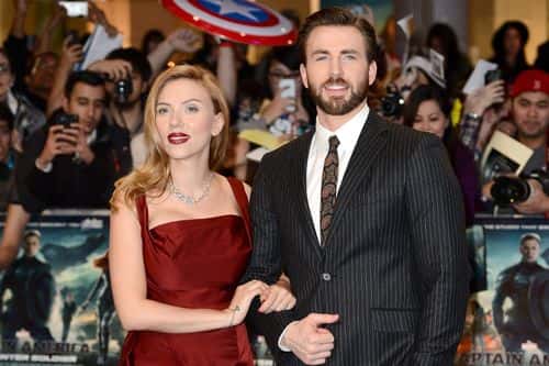 Actors Scarlett Johansson and Chris Evans attend the UK Film Premiere of 