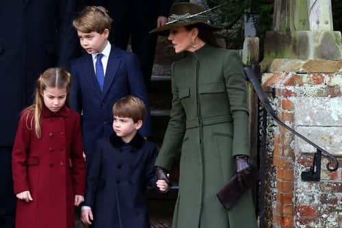 Princess Charlotte of Wales, Prince George of Wales, Prince Louis of Wales and Catherine, Princess of Wales, after the Christmas Day service at Sandringham Church on December 25, 2022 in Sandringham, Norfolk. King Charles III ascended to the throne on September 8, 2022, with his coronation set for May 6, 2023. (Photo by Stephen Pond/Getty Images)