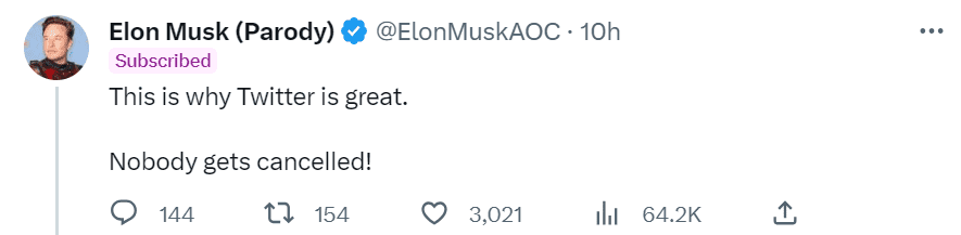 The parody account of Elon Musk wrote this is the reason Twitter is great (elonmusk/Twitter)