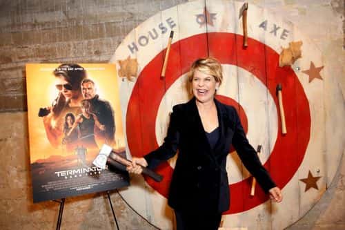 Linda Hamilton attends an axe throwing event prior to the 