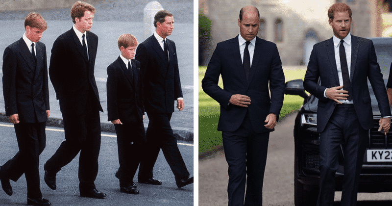 Harry and William memorably followed their mother Diana's coffin at the ages of just 12 and 15 for her funeral in 1997 (left); during their suprise appearance at Balmoral the warring brothers showed no signs of affection (Getty Images)