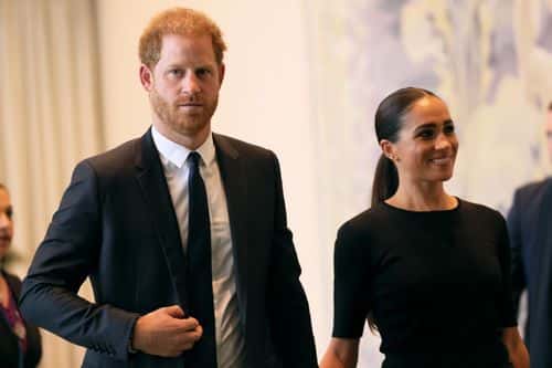 Prince Harry, Duke of Sussex and Meghan, Duchess of Sussex arrive at the United Nations Headquarters on July 18, 2022 in New York City. Prince Harry, Duke of Sussex is the keynote speaker during the United Nations General assembly to mark the observance of Nelson Mandela International Day where the 2020 U.N. Nelson Mandela Prize will be awarded to Mrs. Marianna Vardinogiannis of Greece and Dr. Morissanda Kouyaté of Guinea.